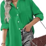 Hotouch Women Button Down Shirts Office Drop Shoulder Oversized Blouse Long Sleeve Boyfriend Dress Shirt with Pockets